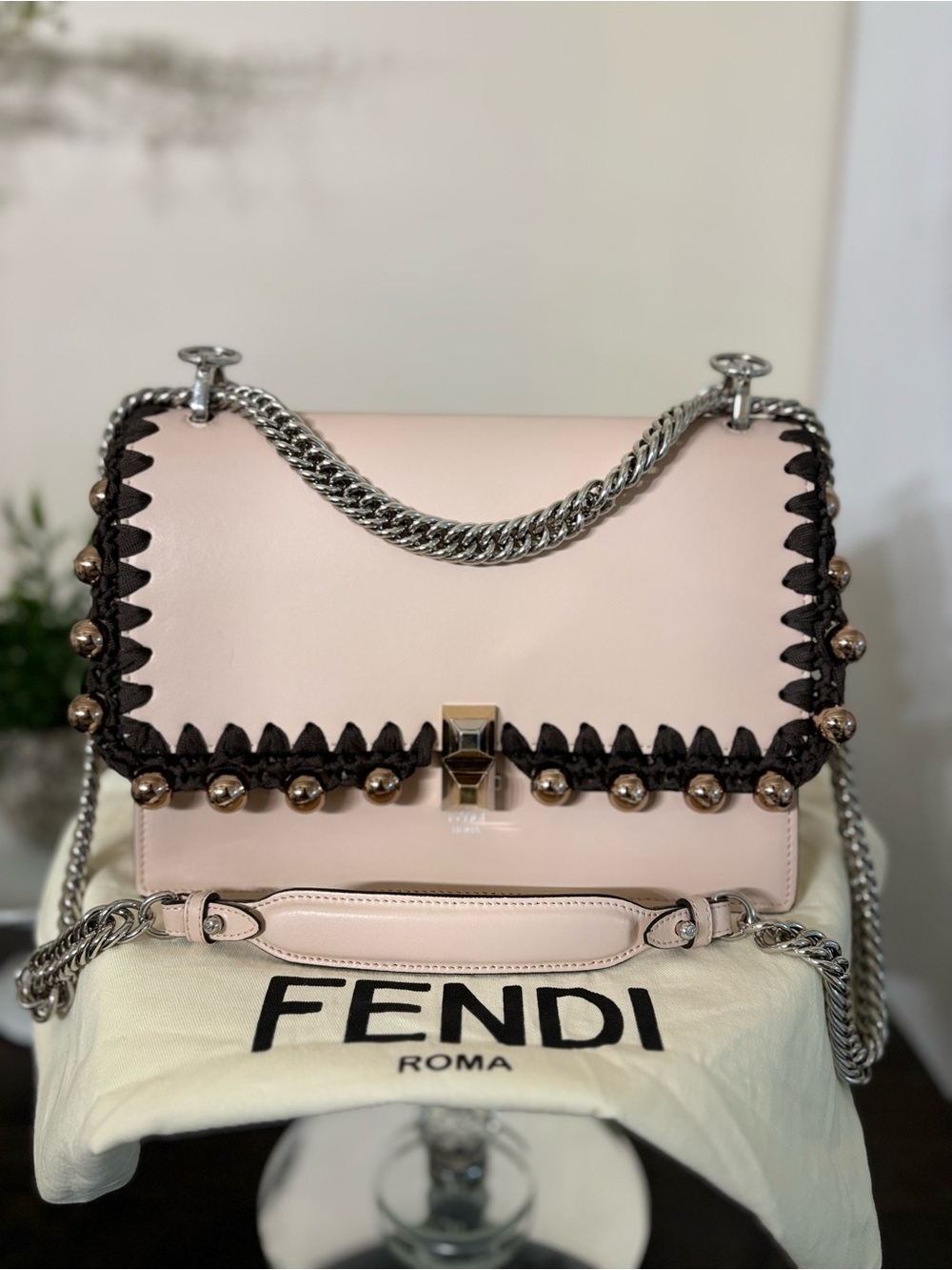 Fendi Kan I Ribbon and Pearl Embellished Calfskin Bag
